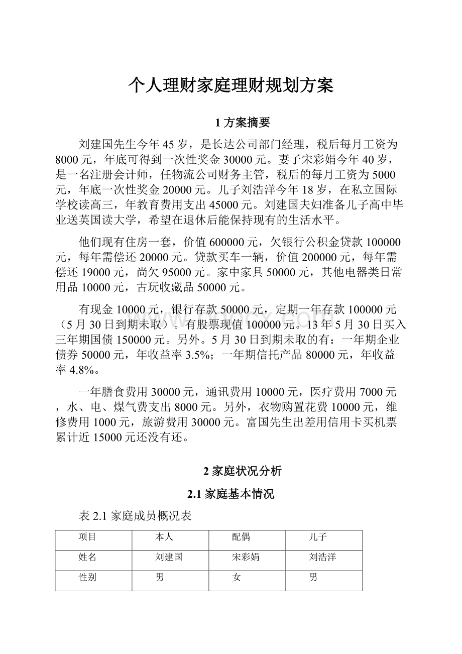 个人理财家庭理财规划方案文档格式.docx