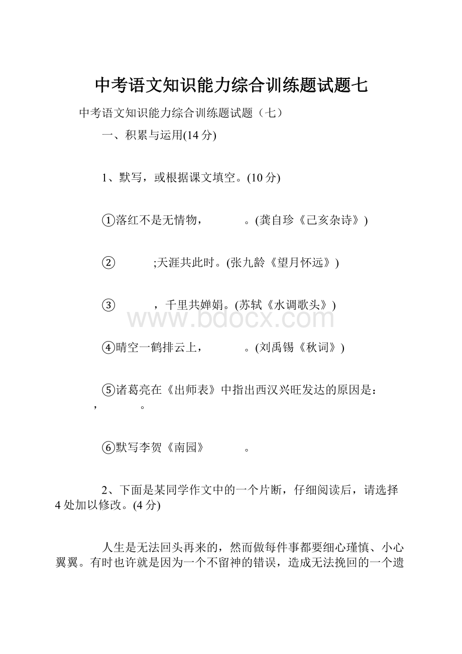 中考语文知识能力综合训练题试题七.docx