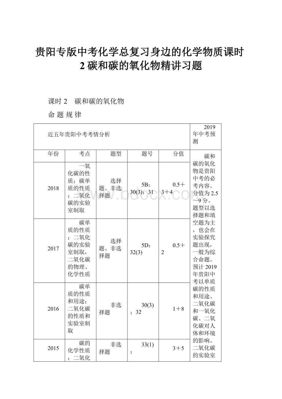 贵阳专版中考化学总复习身边的化学物质课时2碳和碳的氧化物精讲习题.docx