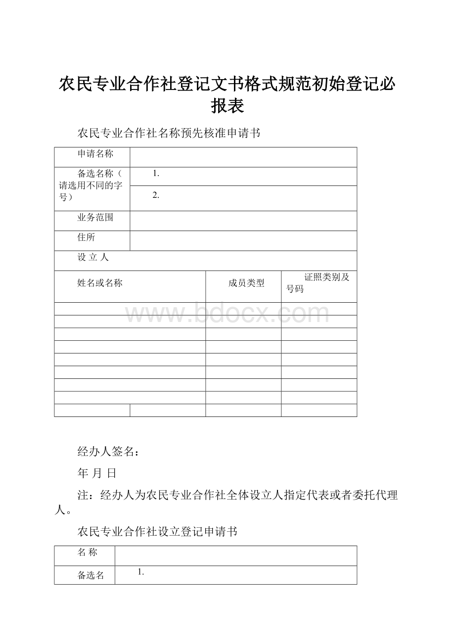 农民专业合作社登记文书格式规范初始登记必报表Word格式文档下载.docx