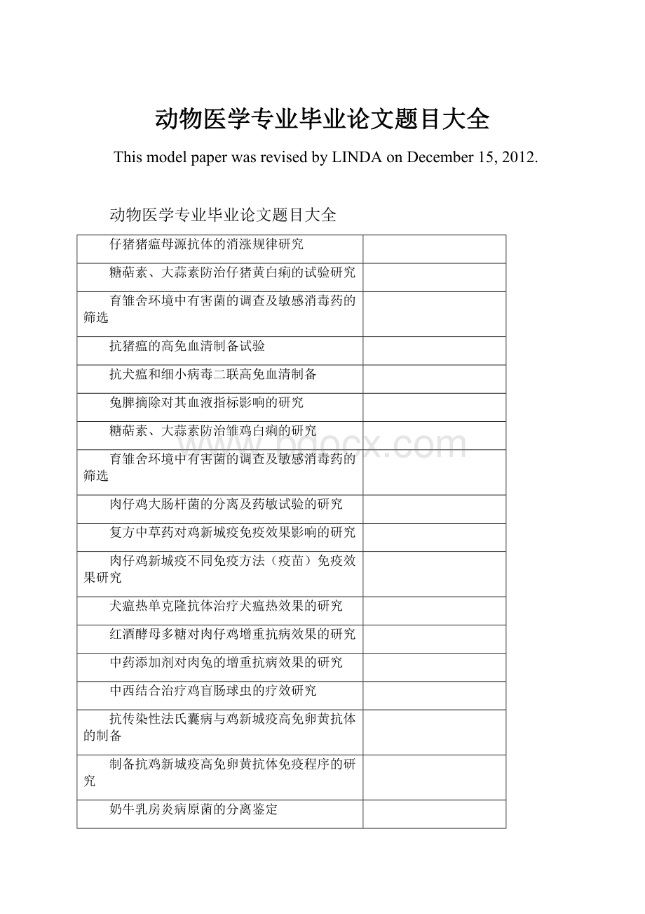 动物医学专业毕业论文题目大全Word格式.docx