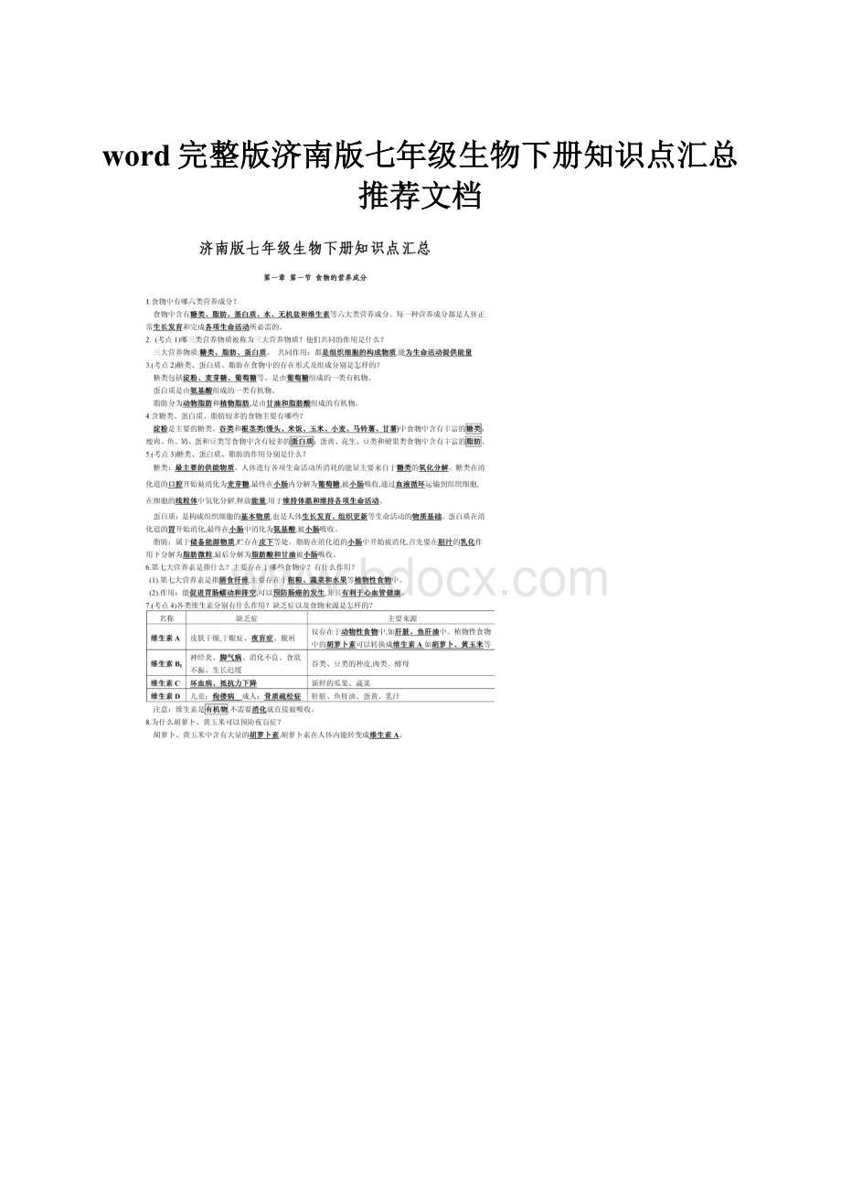 word完整版济南版七年级生物下册知识点汇总推荐文档Word格式.docx_第1页