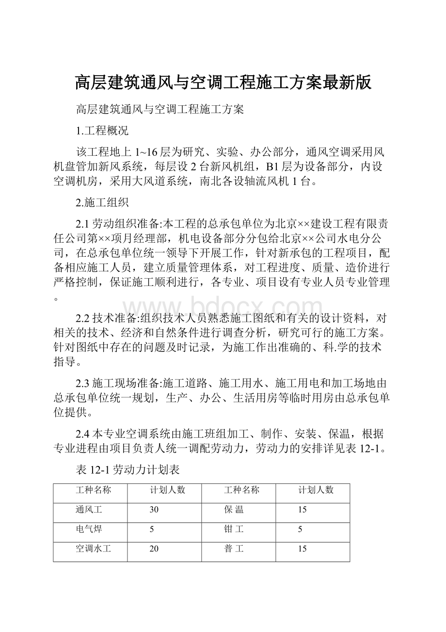 高层建筑通风与空调工程施工方案最新版文档格式.docx_第1页