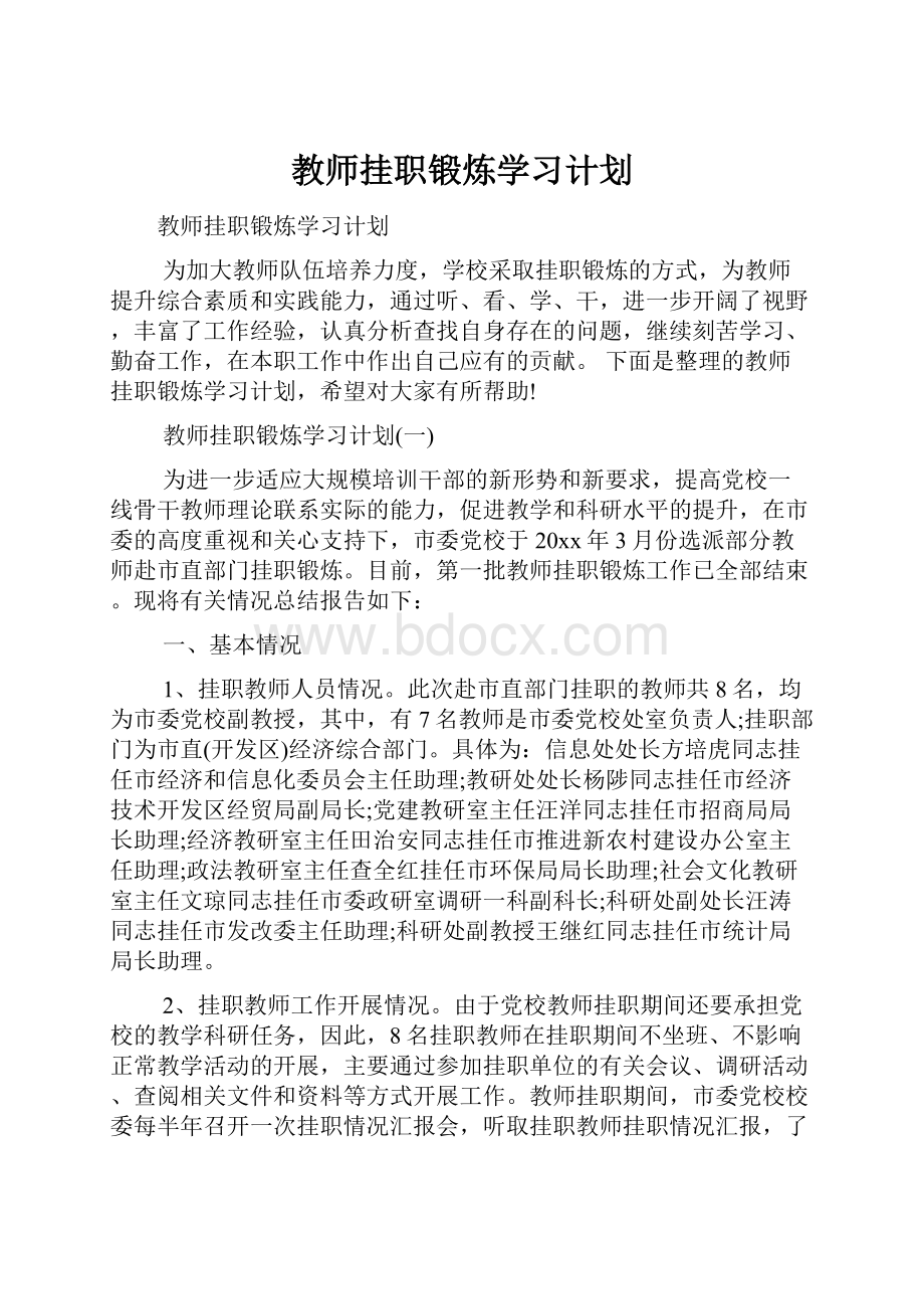 教师挂职锻炼学习计划.docx