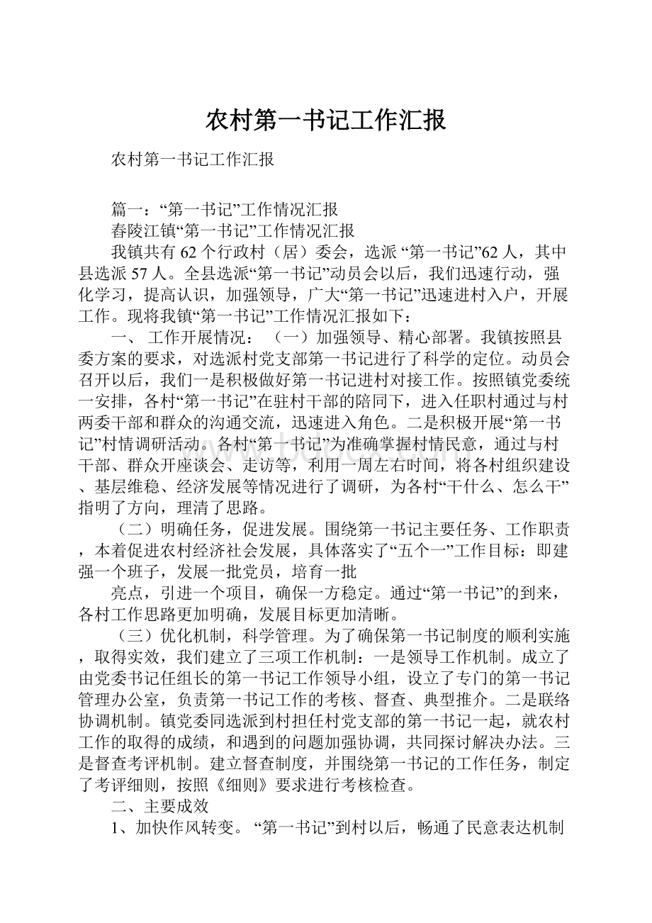 农村第一书记工作汇报Word文档下载推荐.docx