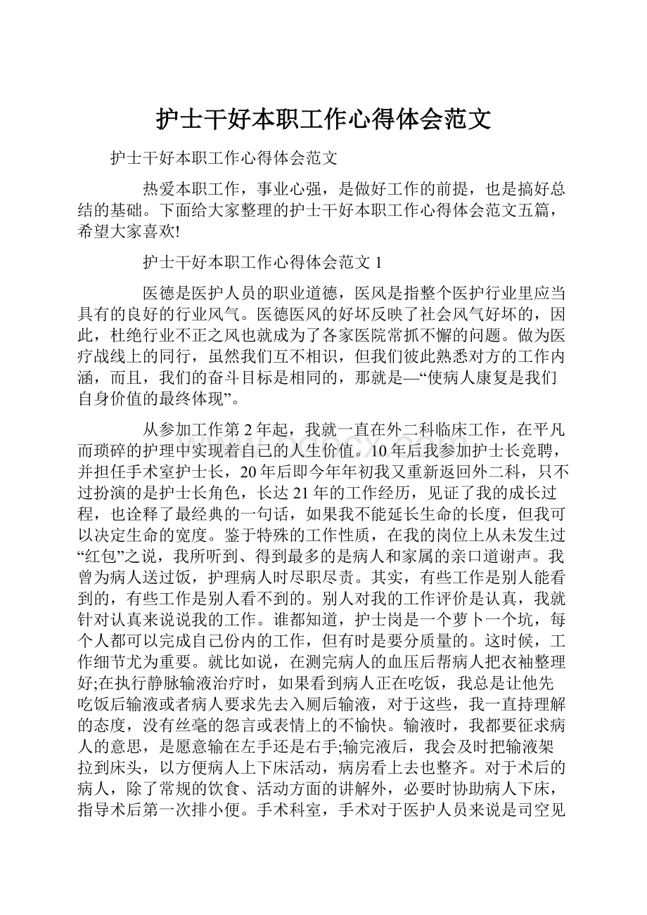 护士干好本职工作心得体会范文Word格式文档下载.docx