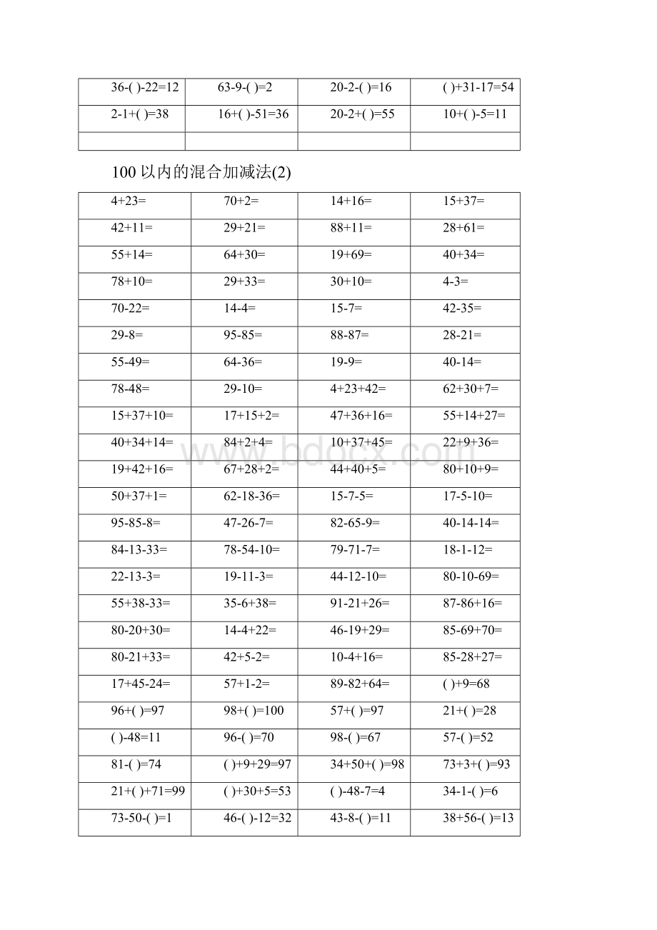 最新一年级数学100以内加减混合运算口算题题目和答案.docx_第2页