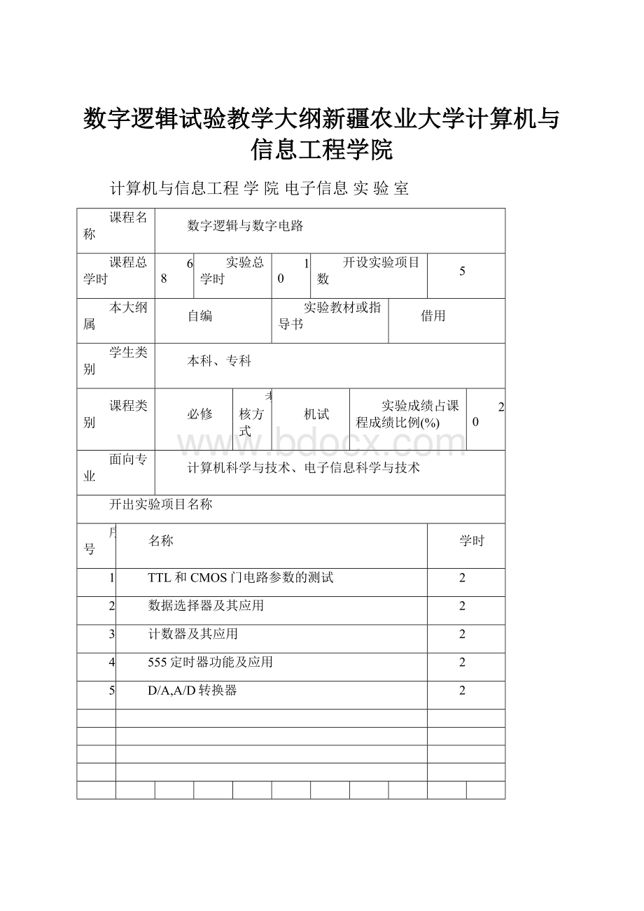 数字逻辑试验教学大纲新疆农业大学计算机与信息工程学院.docx_第1页