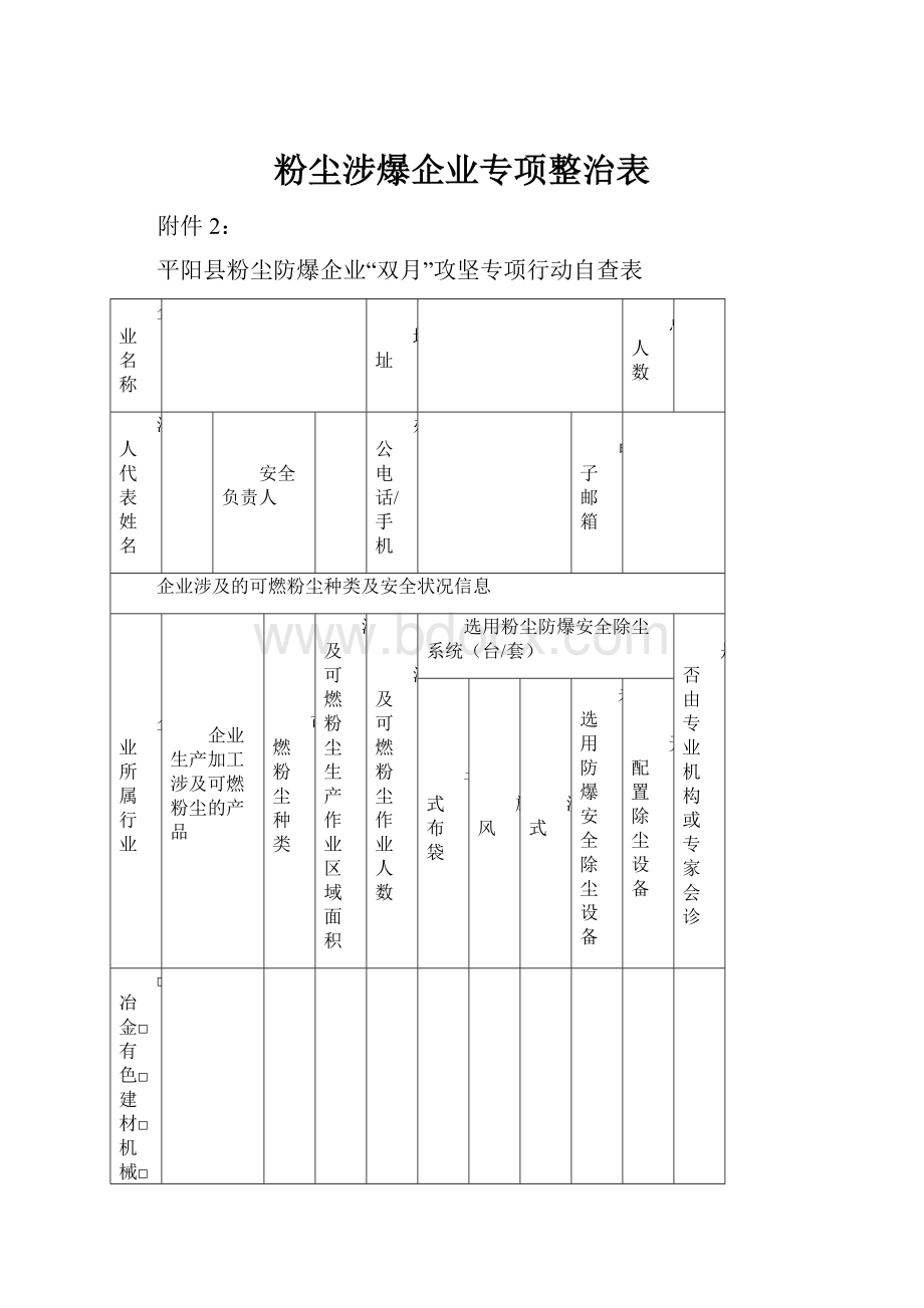 粉尘涉爆企业专项整治表Word文档下载推荐.docx