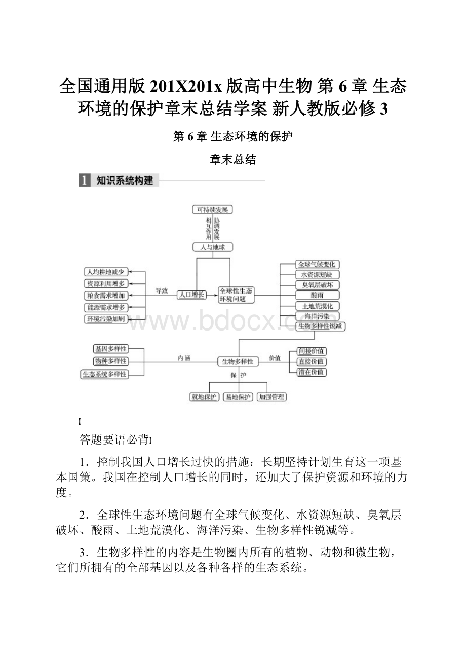 全国通用版201X201x版高中生物 第6章 生态环境的保护章末总结学案 新人教版必修3Word格式.docx