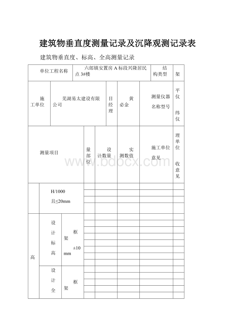 建筑物垂直度测量记录及沉降观测记录表.docx