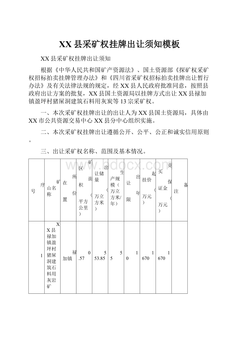 XX县采矿权挂牌出让须知模板.docx_第1页