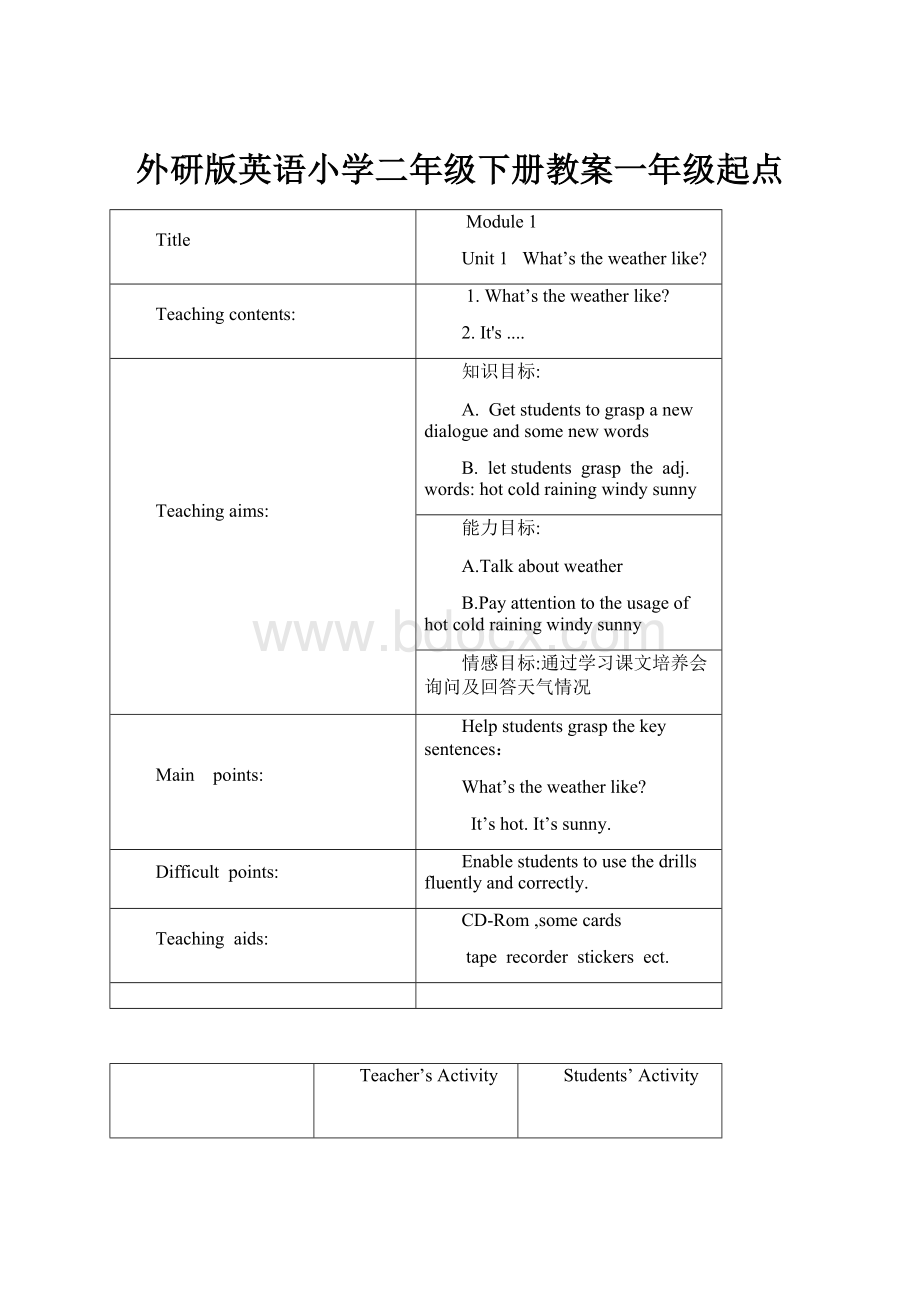 外研版英语小学二年级下册教案一年级起点.docx_第1页