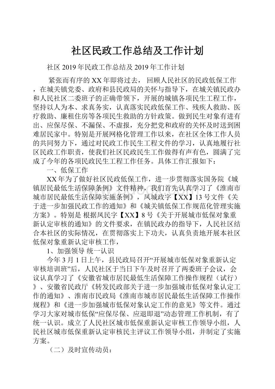 社区民政工作总结及工作计划.docx