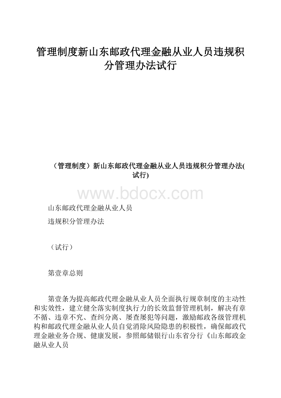 管理制度新山东邮政代理金融从业人员违规积分管理办法试行.docx_第1页