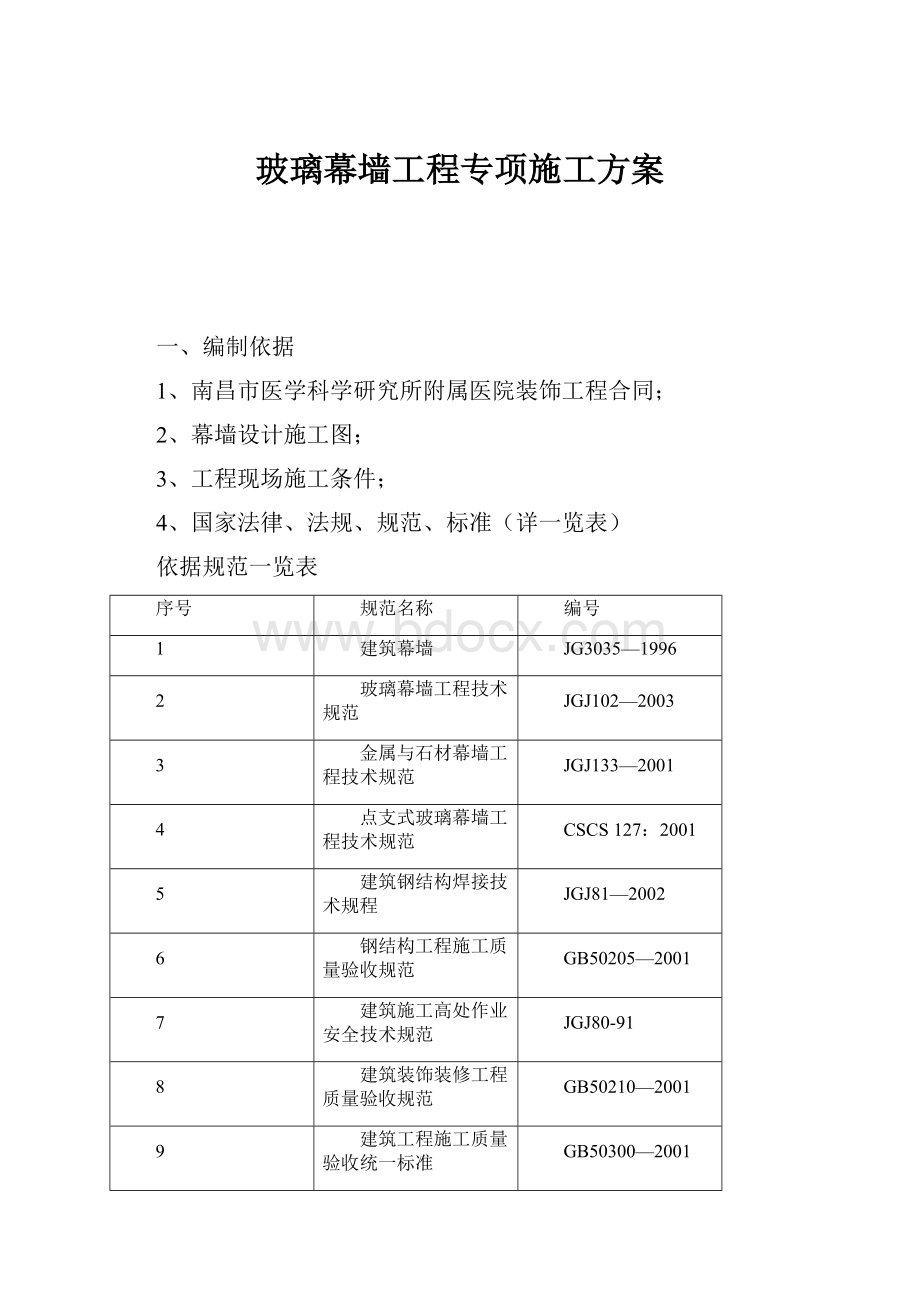 玻璃幕墙工程专项施工方案文档格式.docx