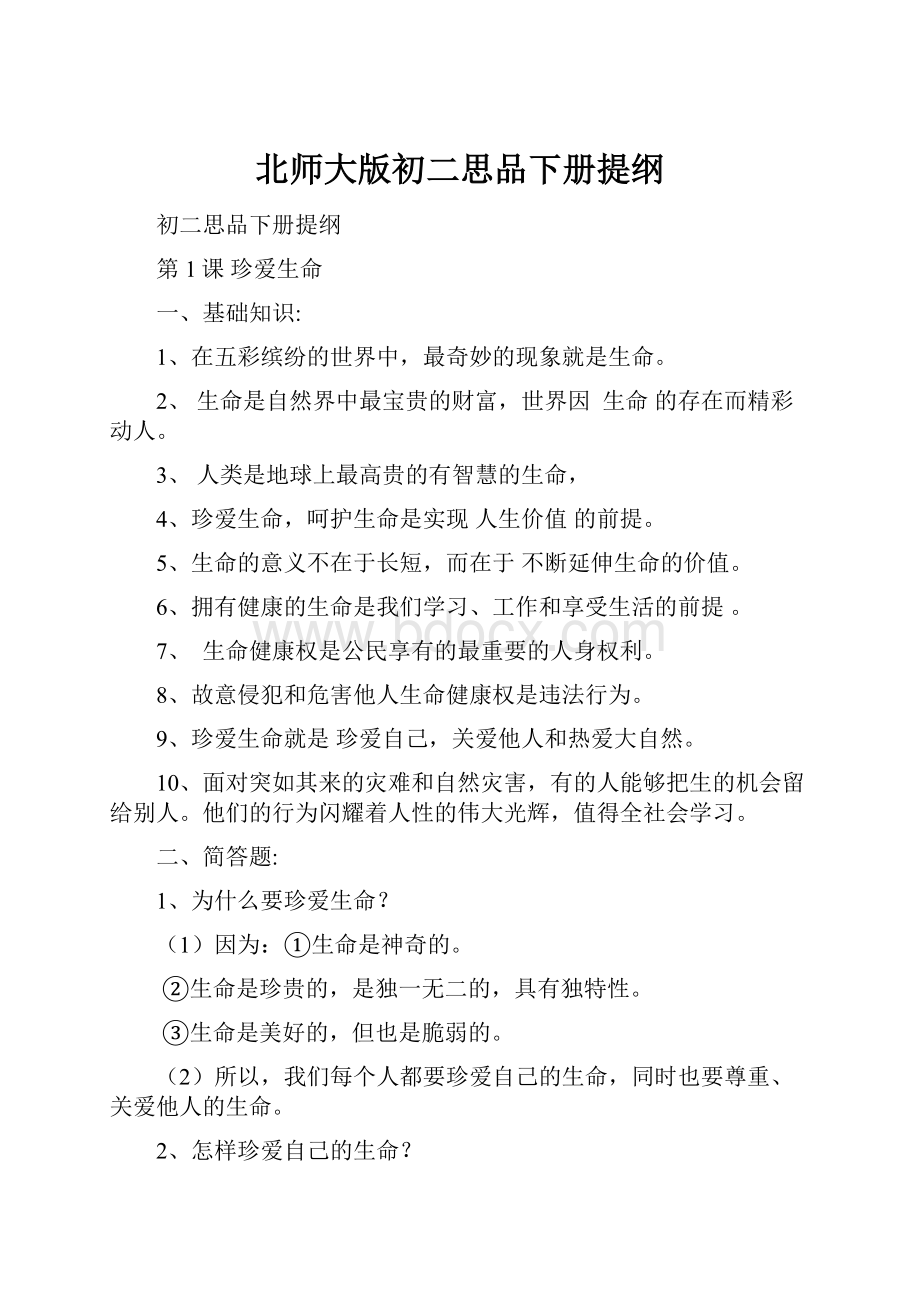 北师大版初二思品下册提纲Word文件下载.docx