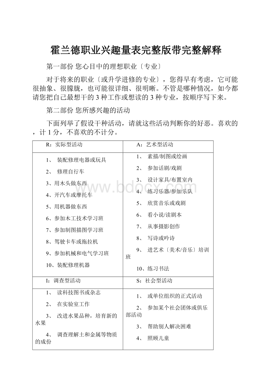 霍兰德职业兴趣量表完整版带完整解释Word格式.docx_第1页