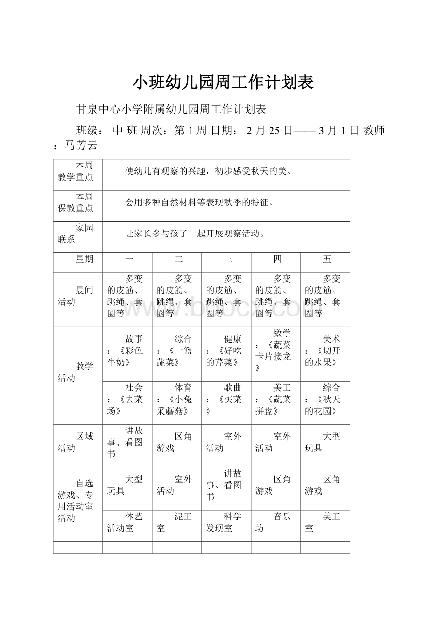 小班幼儿园周工作计划表.docx