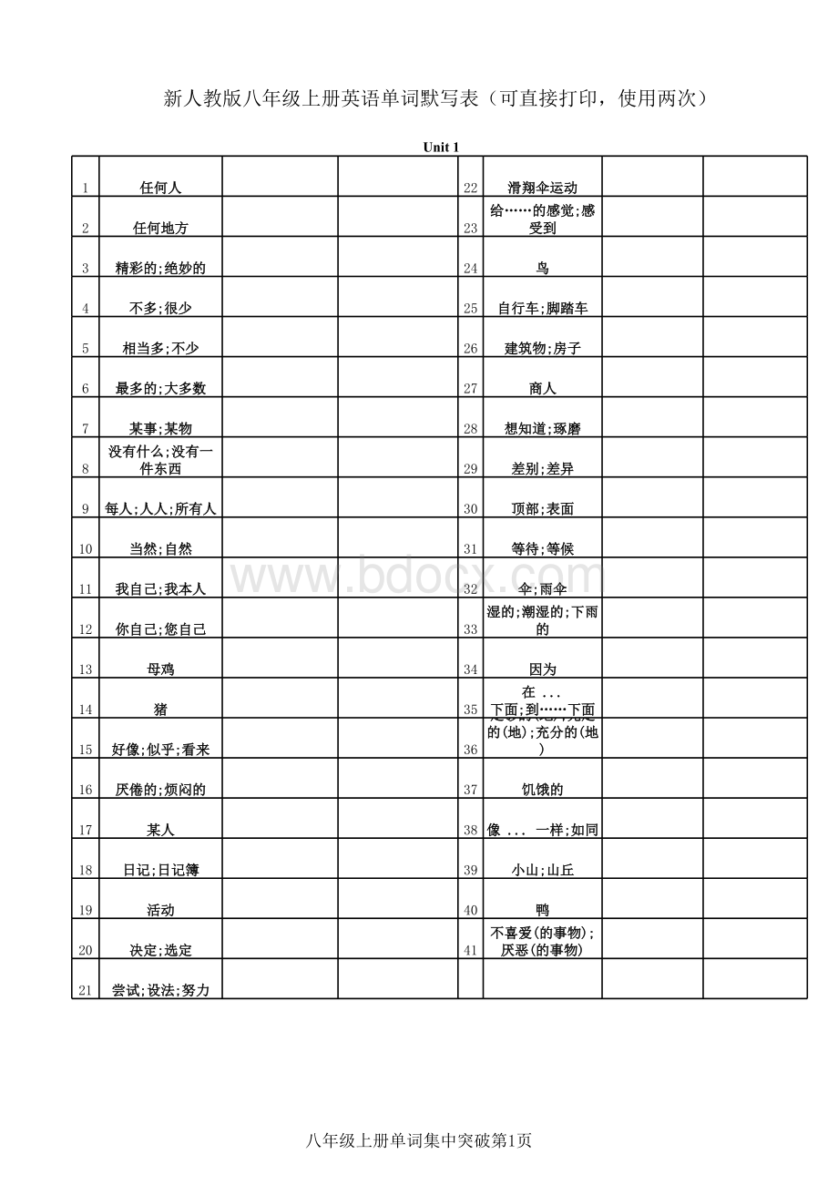 新版人教版八年级上册英语单词表-默写-全册-可直接打印-使用两次-表格文件下载.xls_第1页