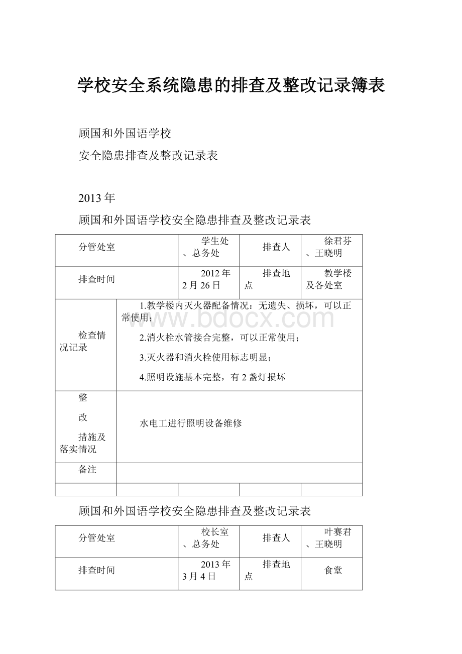 学校安全系统隐患的排查及整改记录簿表Word文件下载.docx