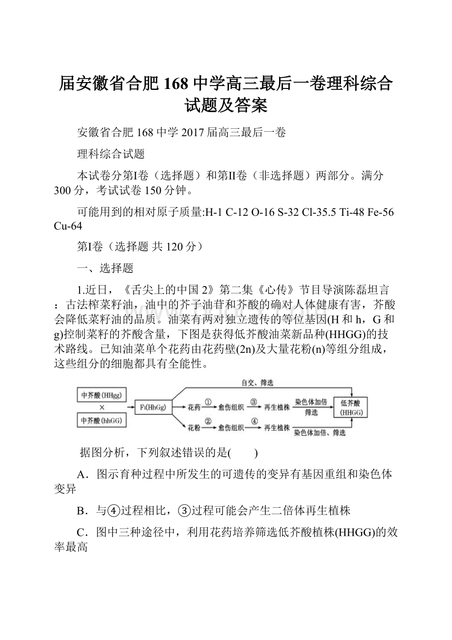 届安徽省合肥168中学高三最后一卷理科综合试题及答案Word下载.docx