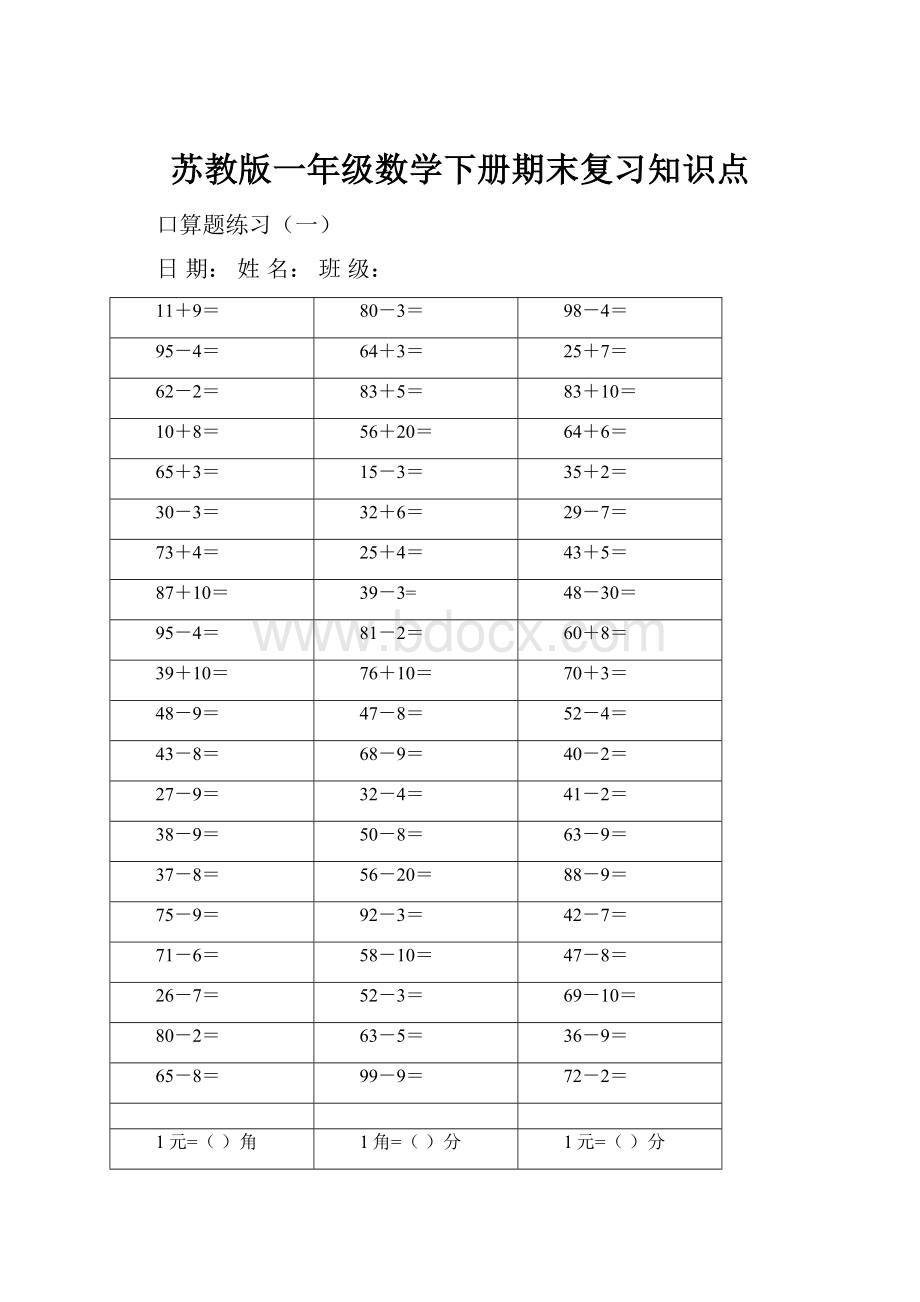 苏教版一年级数学下册期末复习知识点.docx_第1页