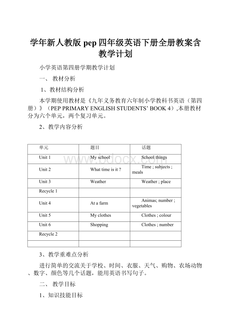 学年新人教版pep四年级英语下册全册教案含教学计划.docx_第1页