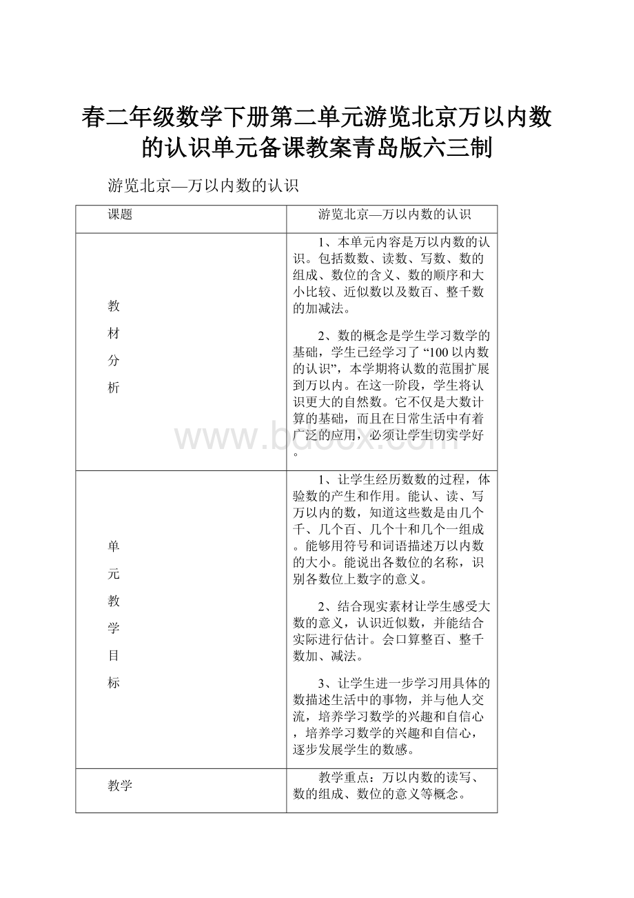 春二年级数学下册第二单元游览北京万以内数的认识单元备课教案青岛版六三制Word格式.docx