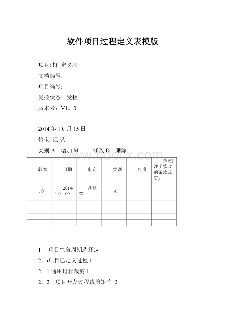 软件项目过程定义表模版Word文档下载推荐.docx