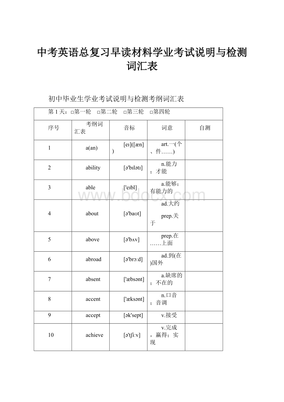 中考英语总复习早读材料学业考试说明与检测词汇表.docx_第1页