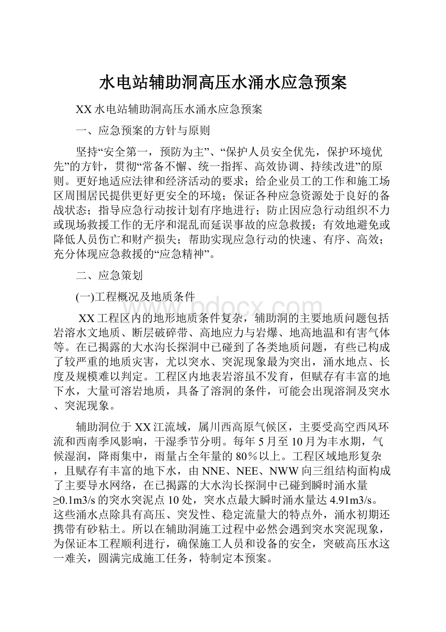 水电站辅助洞高压水涌水应急预案文档格式.docx