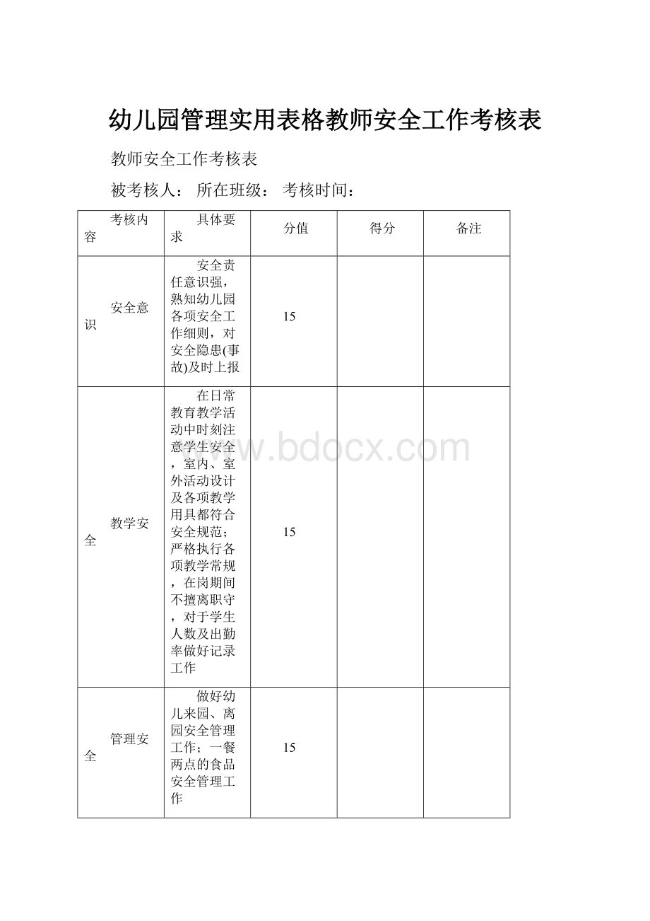 幼儿园管理实用表格教师安全工作考核表.docx