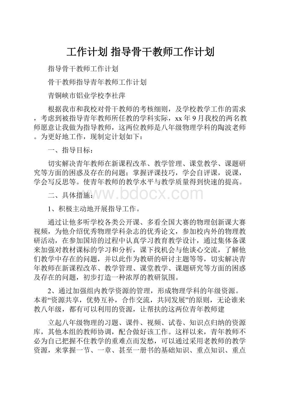 工作计划 指导骨干教师工作计划.docx_第1页