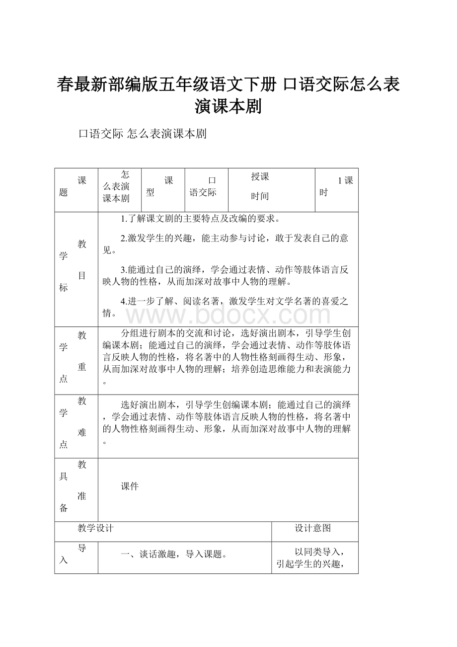 春最新部编版五年级语文下册 口语交际怎么表演课本剧Word下载.docx_第1页