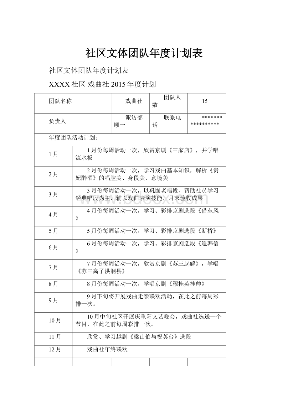 社区文体团队年度计划表.docx_第1页