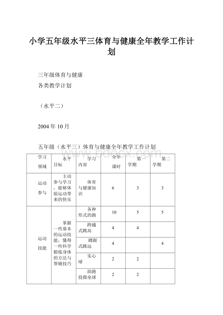 小学五年级水平三体育与健康全年教学工作计划Word文档格式.docx_第1页