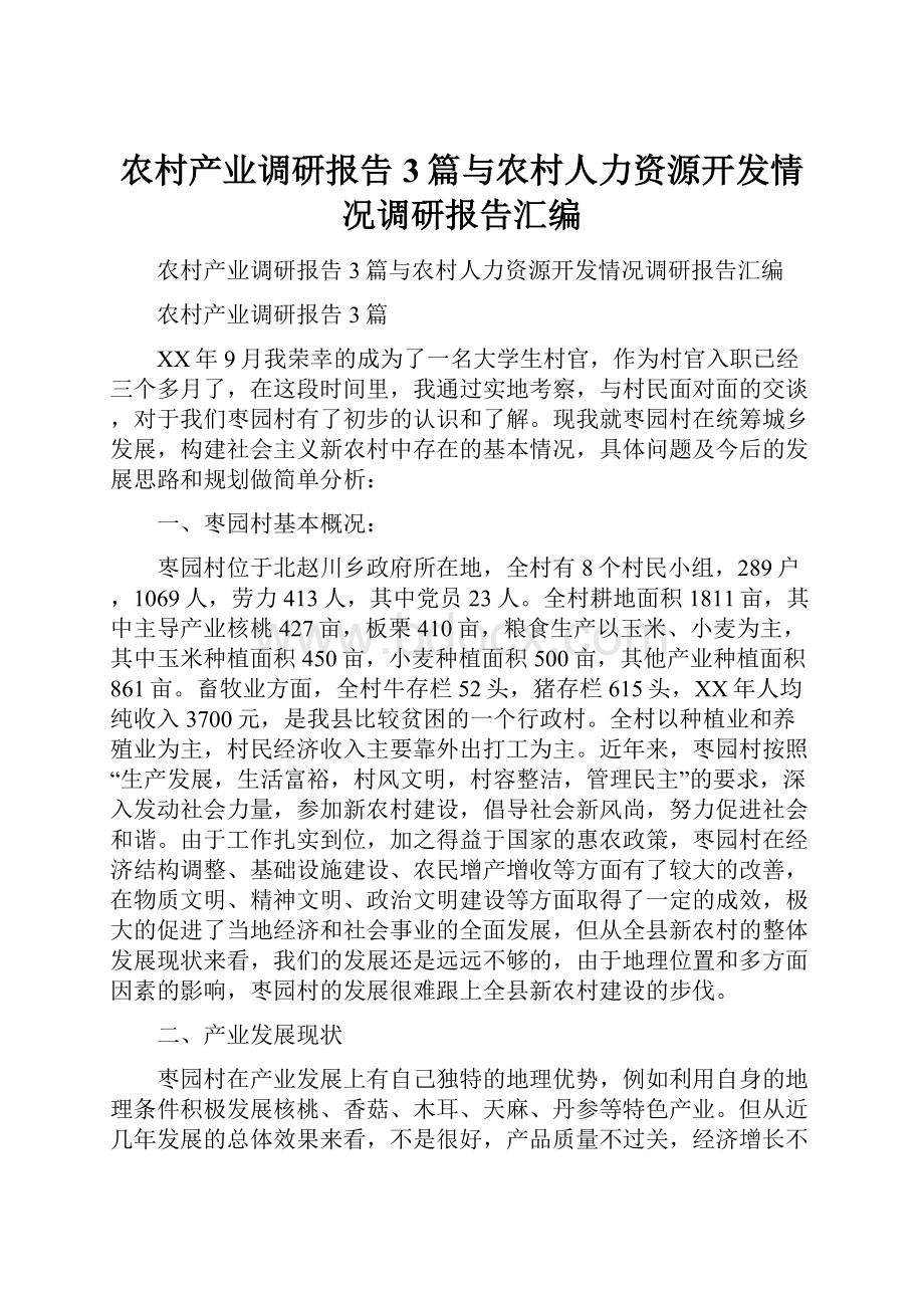 农村产业调研报告3篇与农村人力资源开发情况调研报告汇编.docx