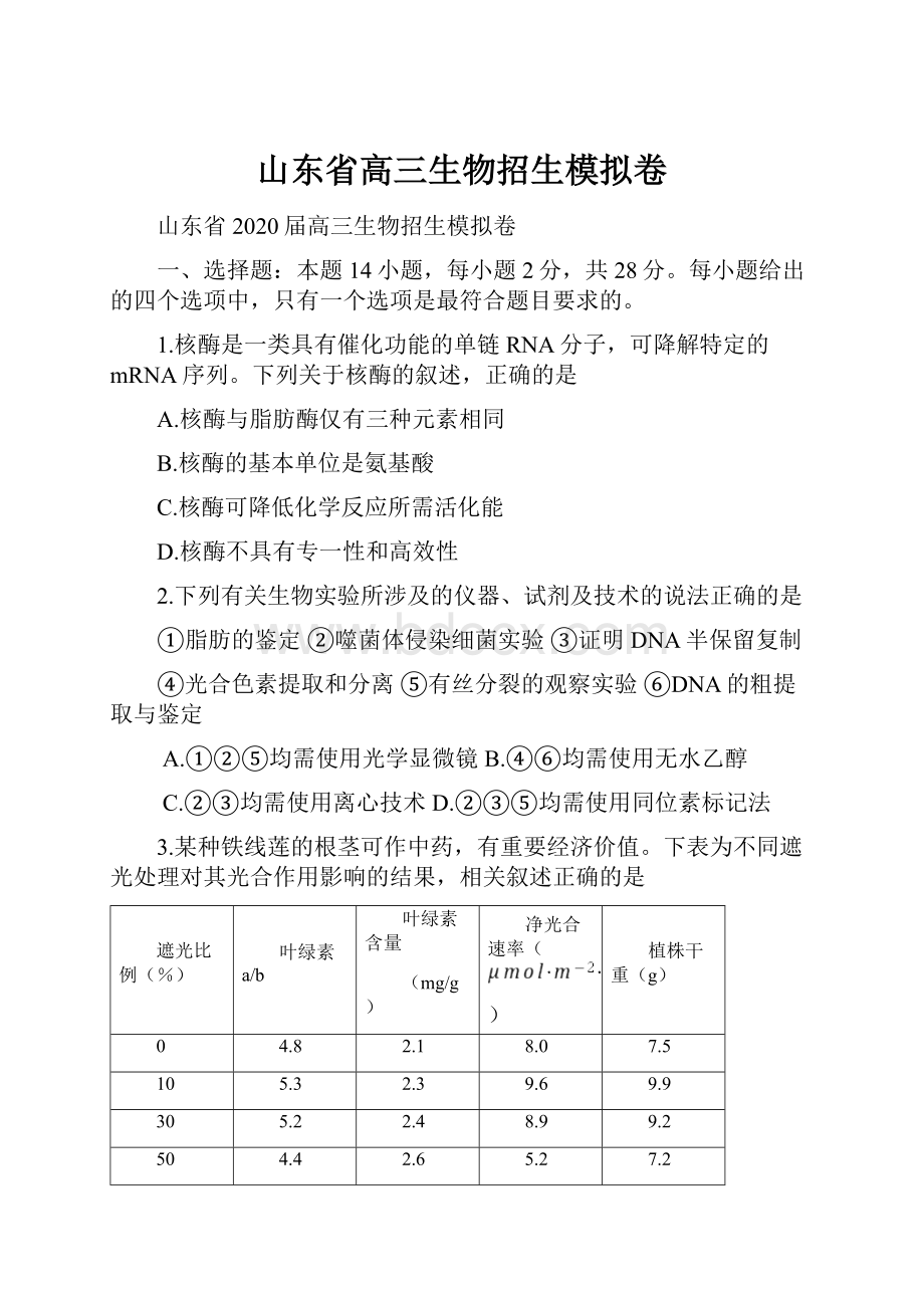 山东省高三生物招生模拟卷.docx_第1页