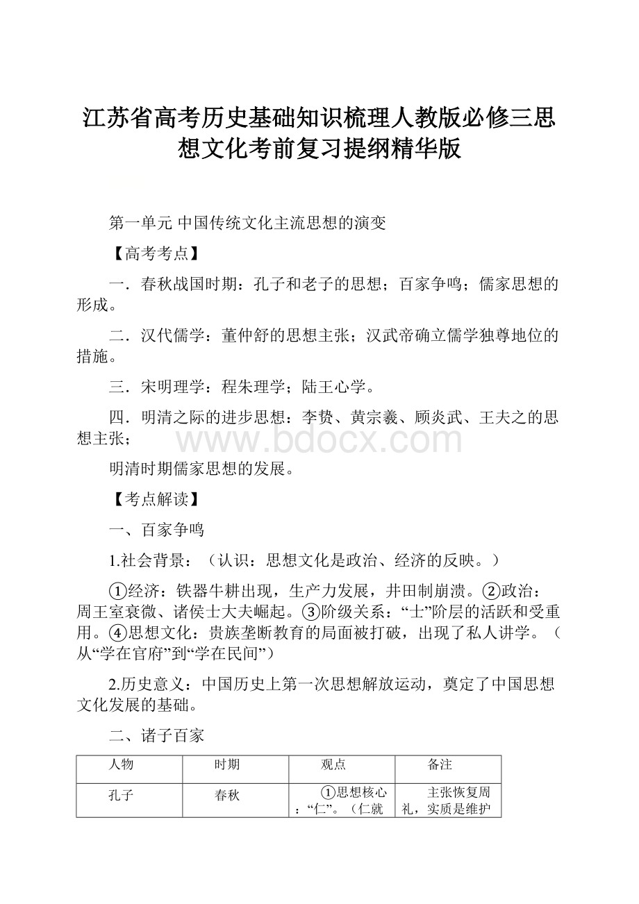 江苏省高考历史基础知识梳理人教版必修三思想文化考前复习提纲精华版.docx_第1页