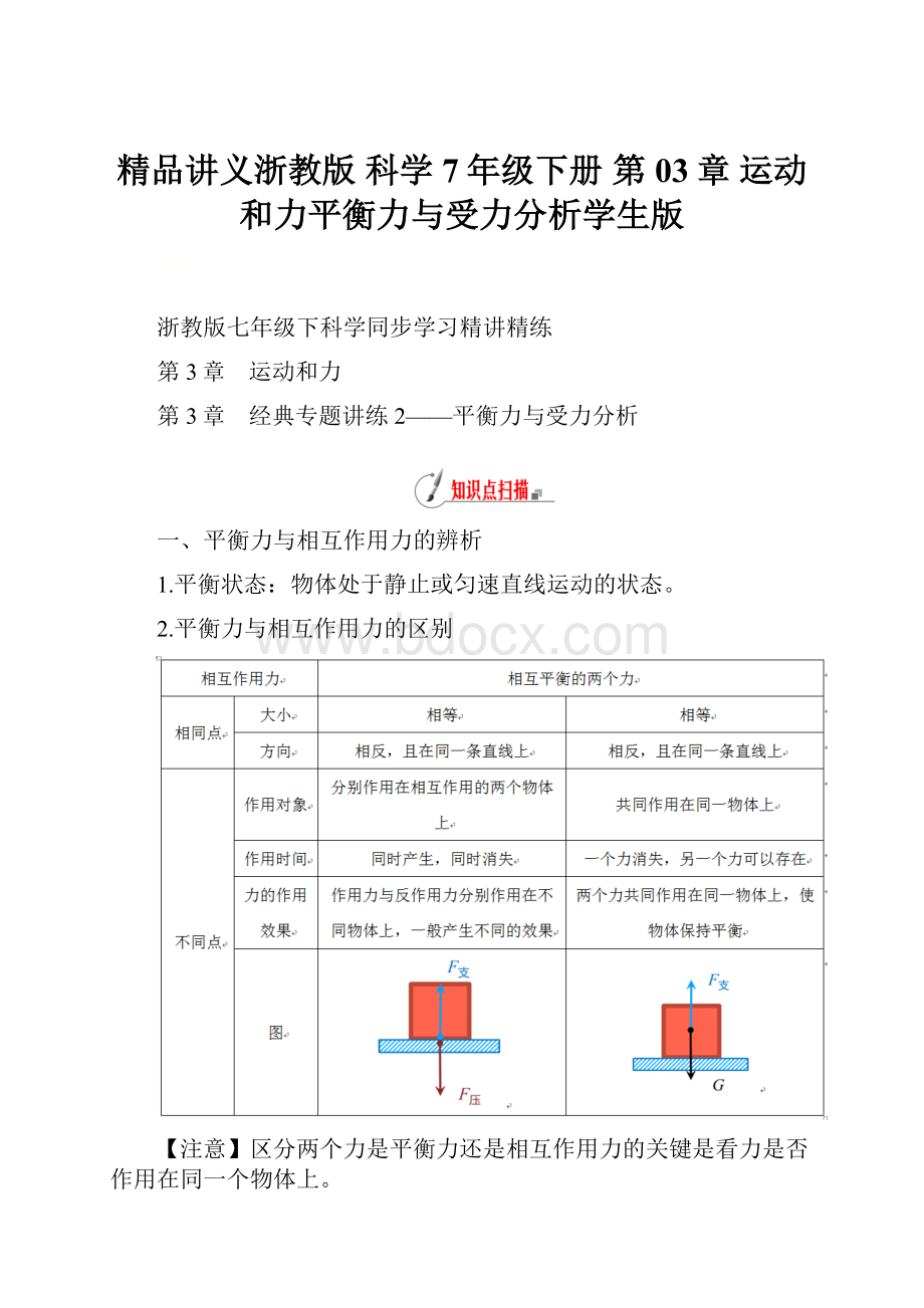 精品讲义浙教版 科学 7年级下册 第03章 运动和力平衡力与受力分析学生版.docx