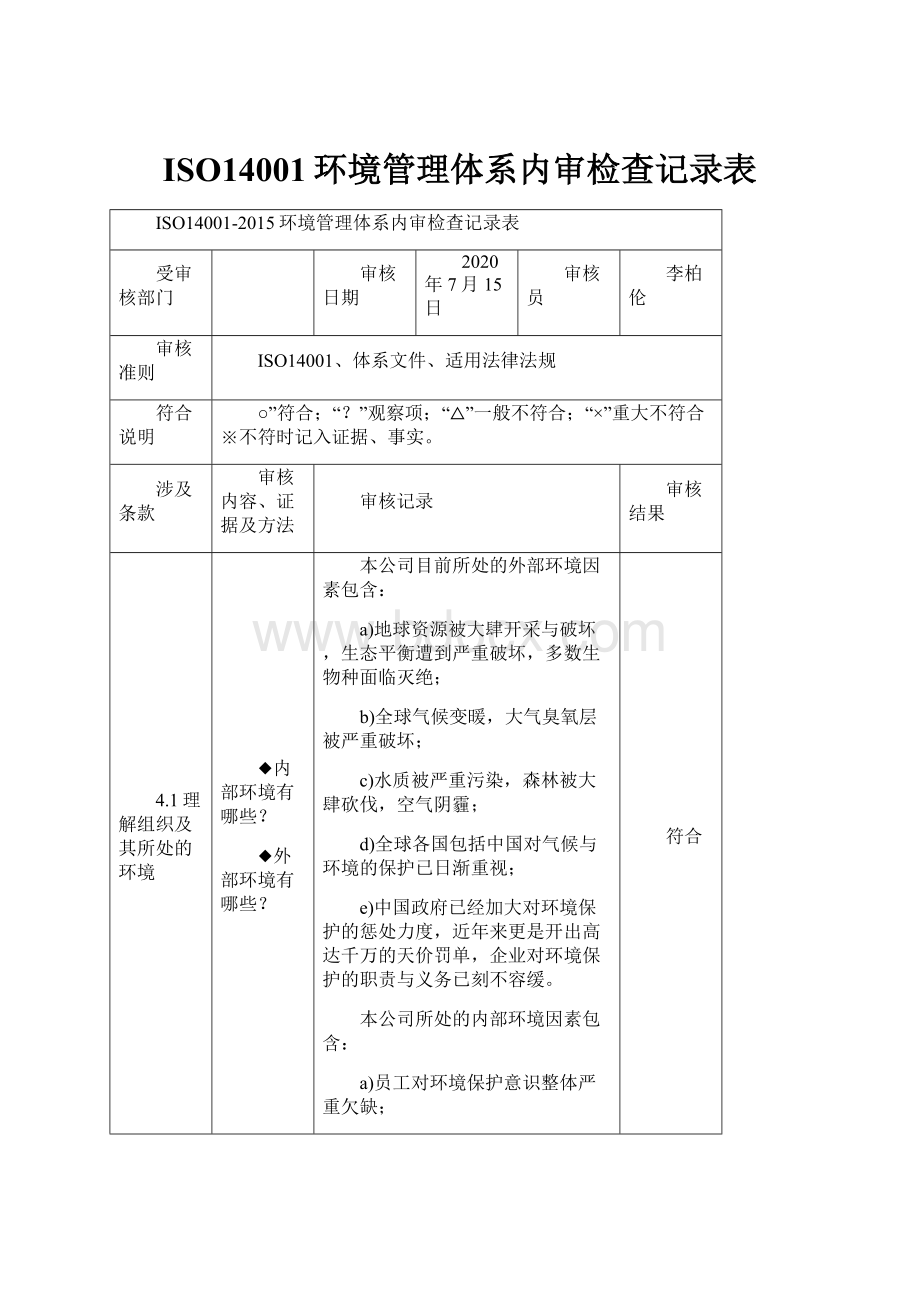 ISO14001环境管理体系内审检查记录表.docx