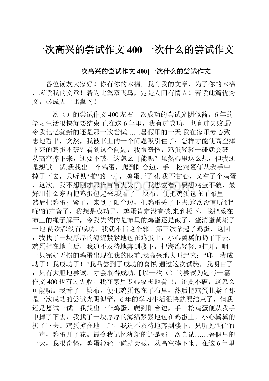 一次高兴的尝试作文400一次什么的尝试作文Word下载.docx