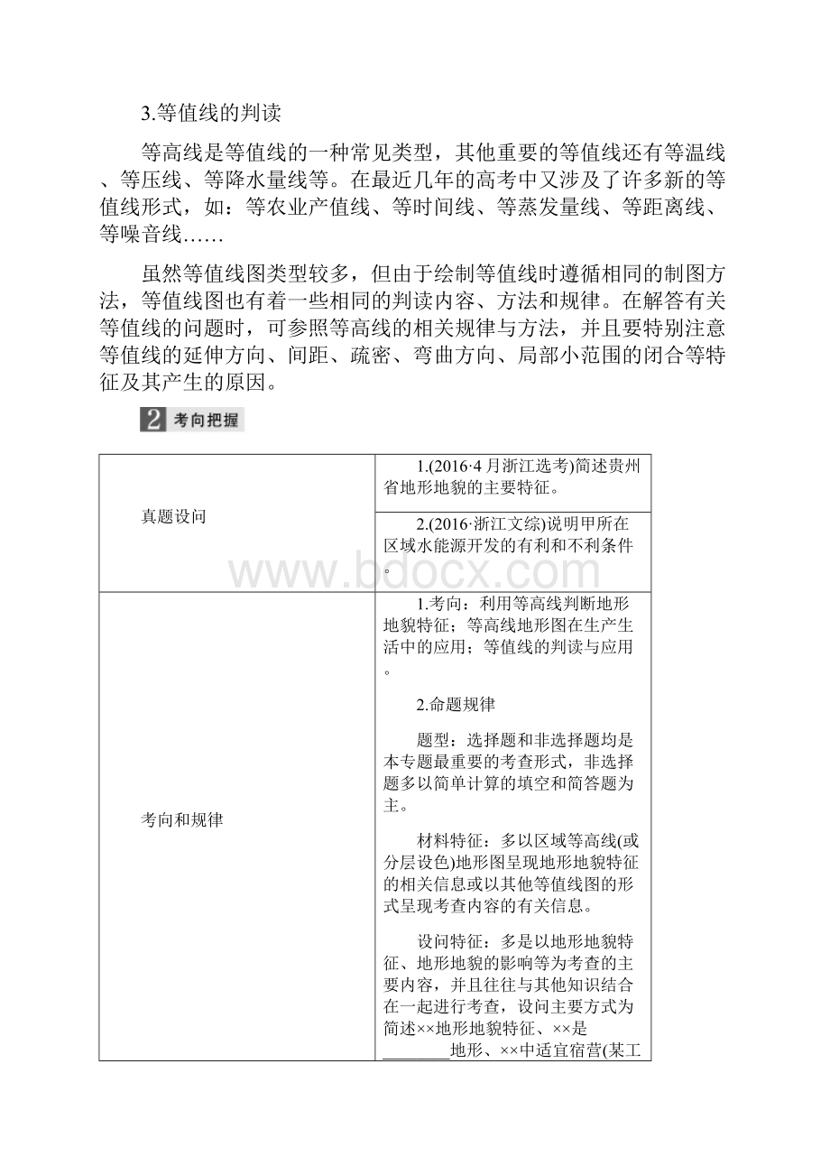 复习必备浙江选考高考地理二轮优选习题 专题二 地球表面的形态 微专题7 等高线地形图的判读学文档格式.docx_第3页