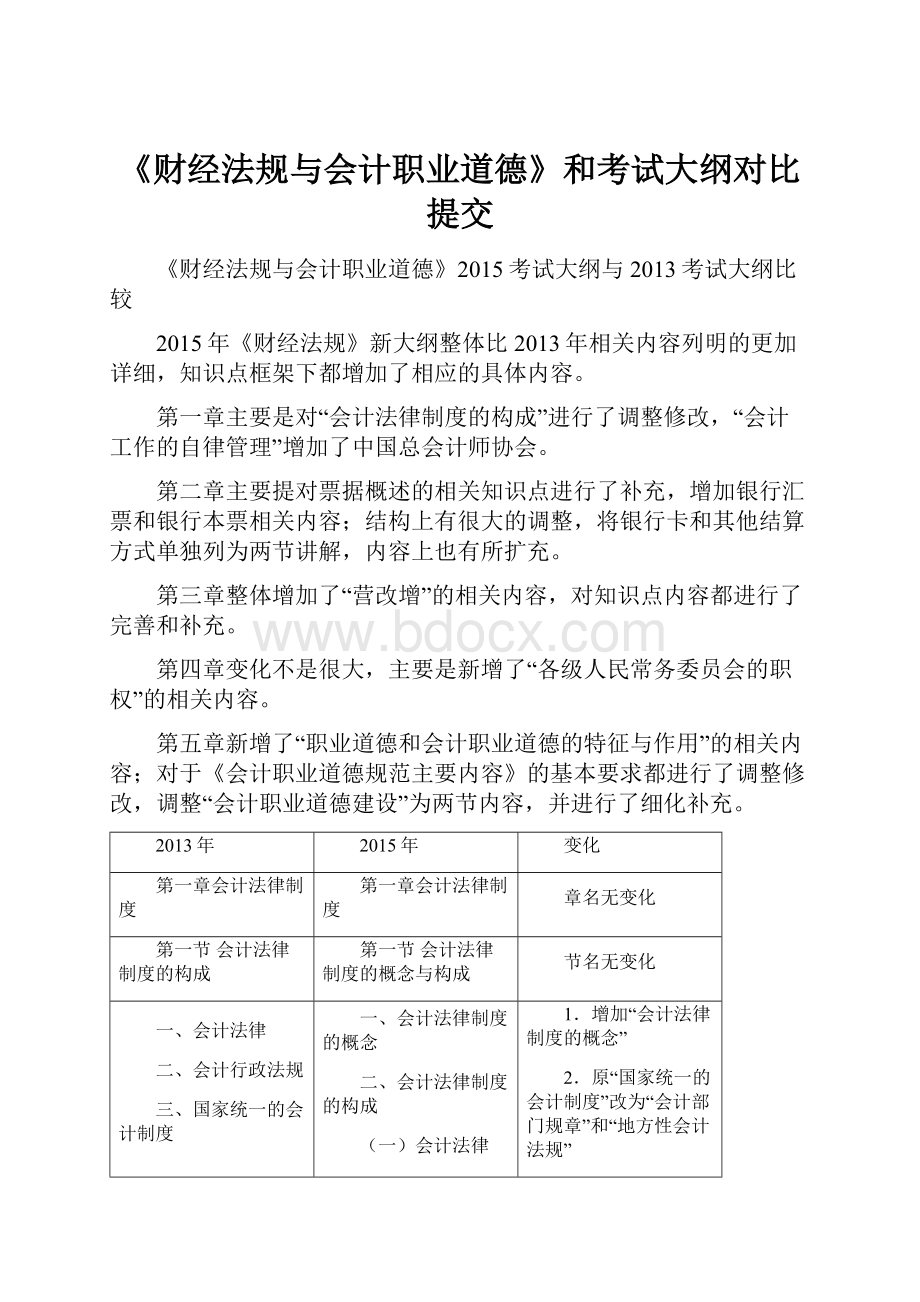 《财经法规与会计职业道德》和考试大纲对比提交Word文档下载推荐.docx_第1页