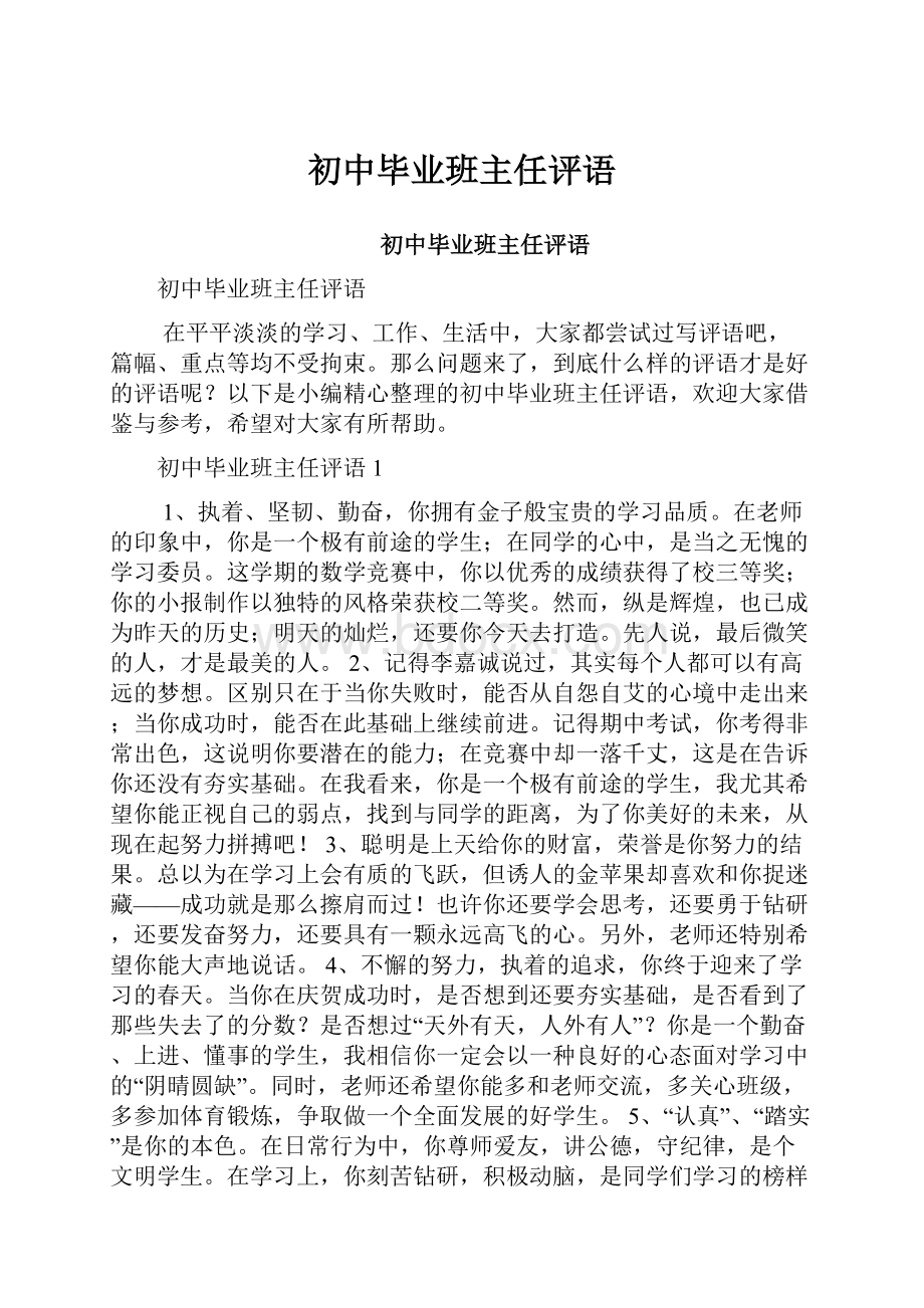 初中毕业班主任评语.docx