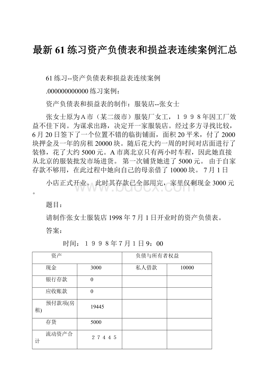 最新61练习资产负债表和损益表连续案例汇总.docx_第1页