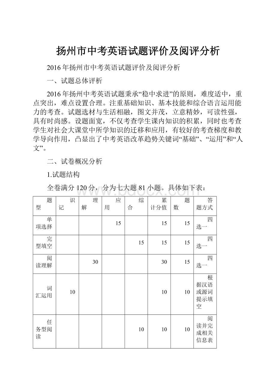 扬州市中考英语试题评价及阅评分析.docx_第1页