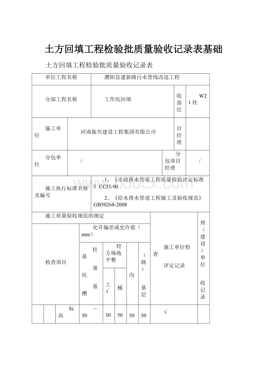 土方回填工程检验批质量验收记录表基础.docx_第1页