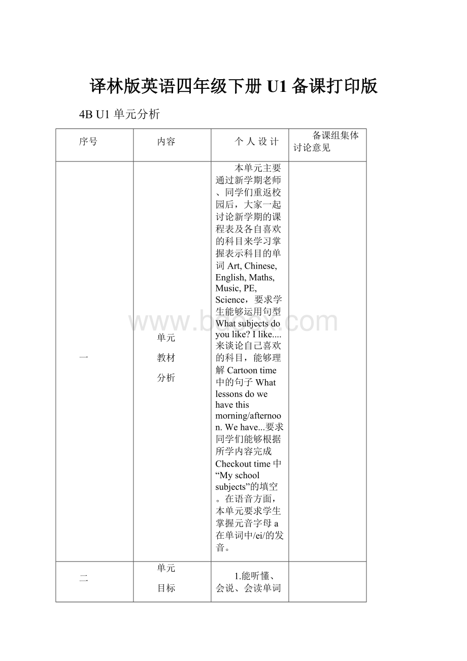 译林版英语四年级下册U1备课打印版Word格式.docx